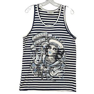 Darkside Blue Navy Sailor Print Striped Tank Classic Scoop Neck Women Size L Top